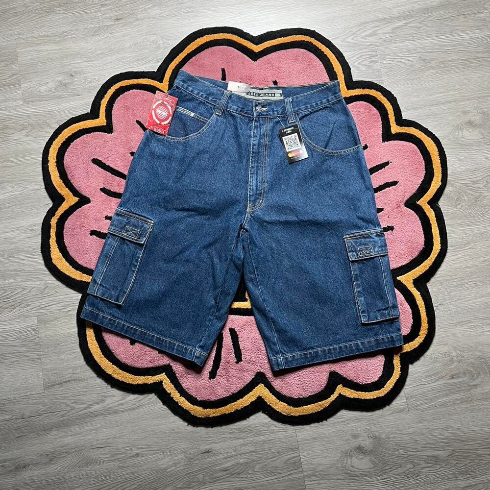 Vintage Y2K Noiz Jeans Baggy Loose Fit Cargo Denim Shorts Size 36 Blue